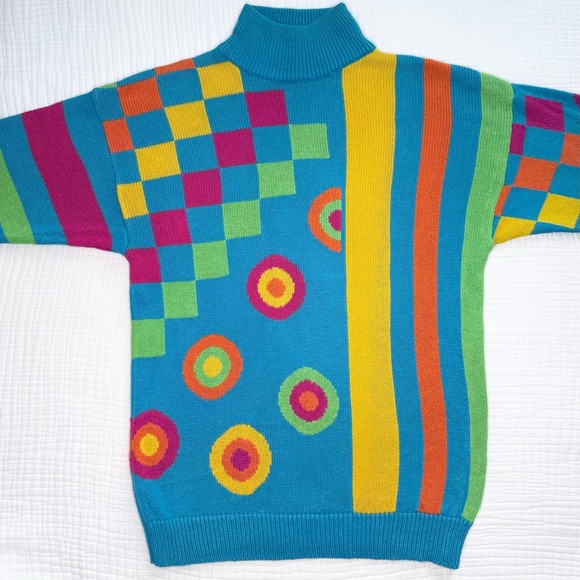 Vintage 80s/90s? I.B. Diffusion cotton blend funky blue mock neck sweater size M - Picture 1 of 14